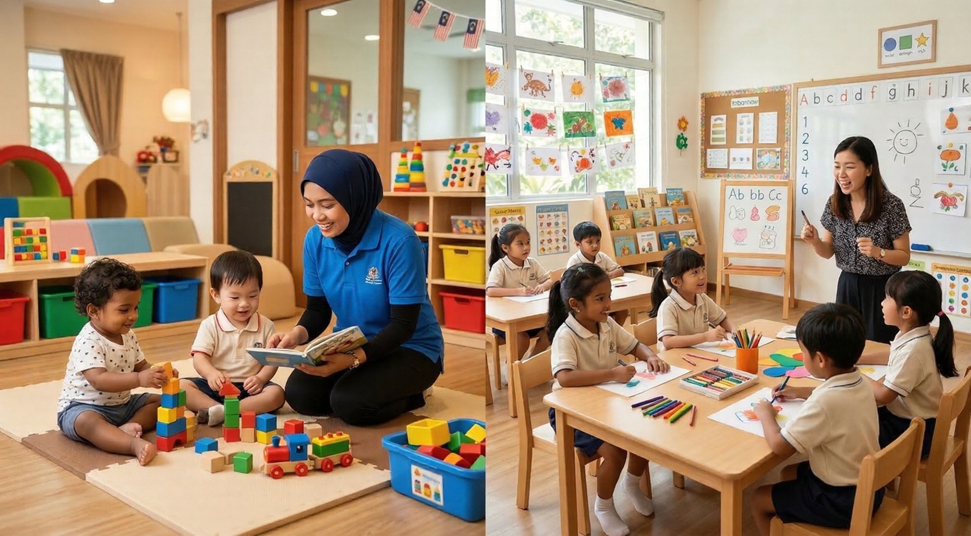 Childcare_and_Kindergarten Side-by-side view of a Malaysian Taska and Tadika, demonstrating the varied classroom layouts for childcare and kindergarten services.