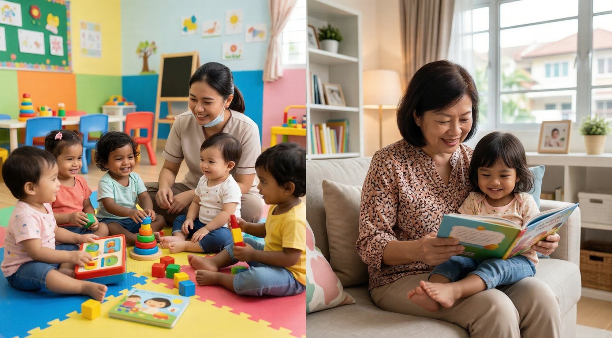 Daycare_vs_Nanny A split image representing daycare vs nanny options in Malaysia, contrasting a structured preschool environment with a nurturing home learning scene.