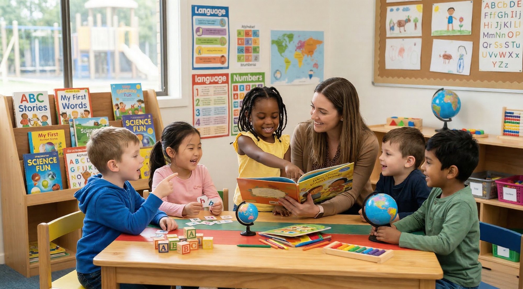 English_Medium_Education A teacher and multicultural students sharing a story, illustrating the communication and literacy goals of english medium education.