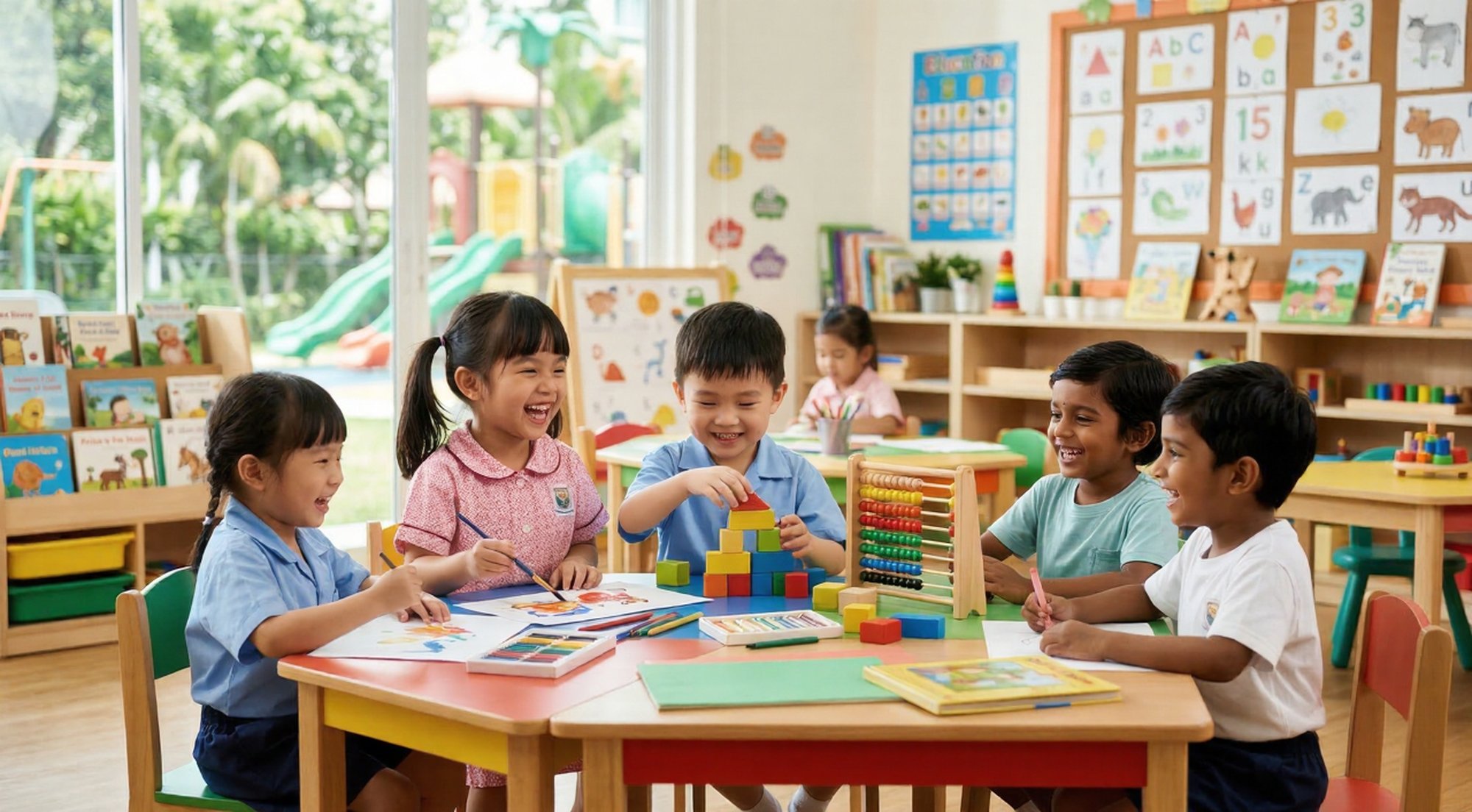 Kindergarten_Fees_Malaysia Diverse preschool students learning together in a modern classroom, providing a visual for parents researching kindergarten fees Malaysia.