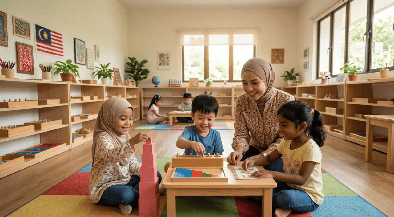 Montessori Activities Preschool (1) A smiling teacher guiding students through hands-on montessori activities preschool using wooden sensory blocks and a pink tower.