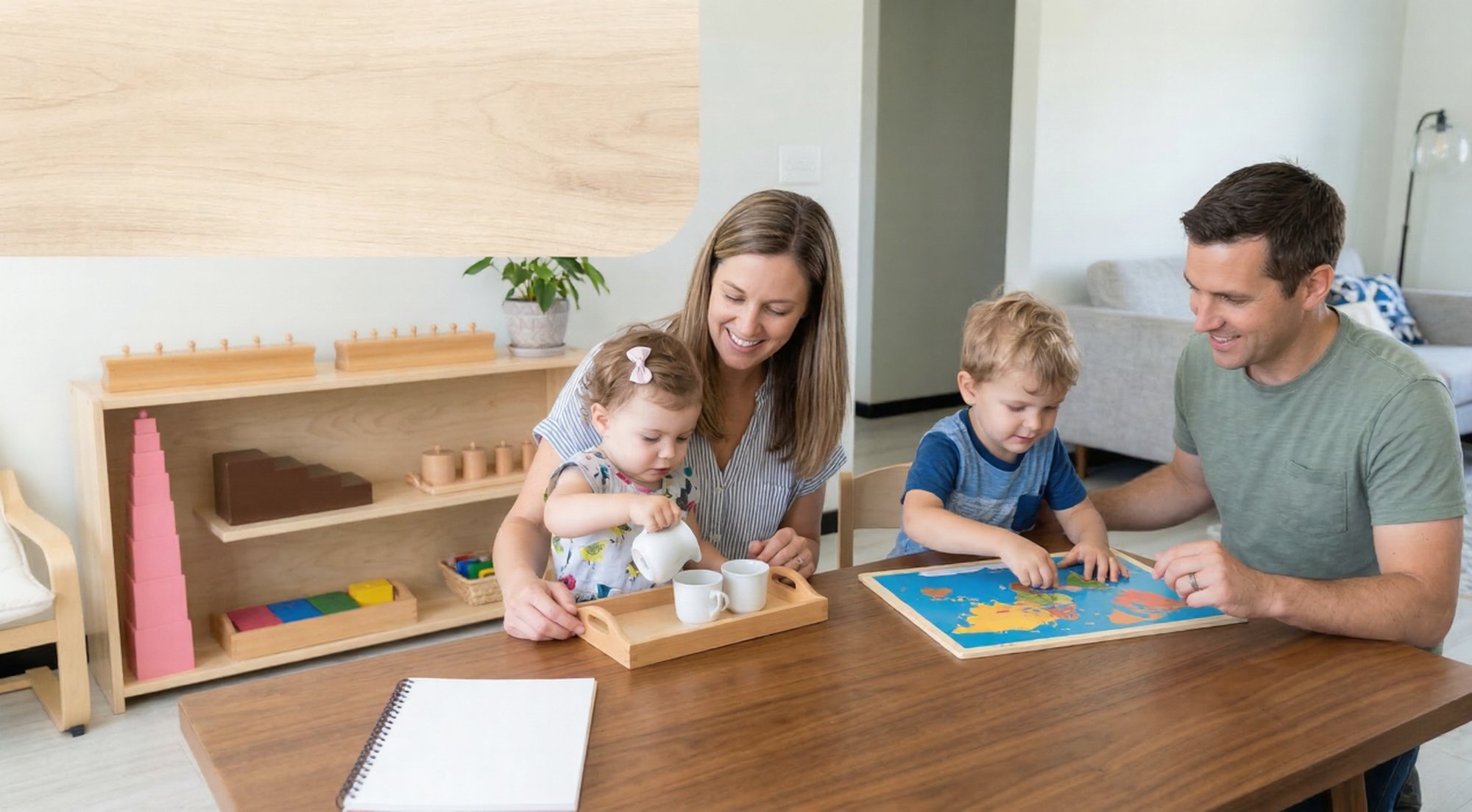 Montessori_Activities_at_Home Young children engaging in hands-on montessori activities at home under the guidance of parents, using specialized wooden materials and sensory tools.