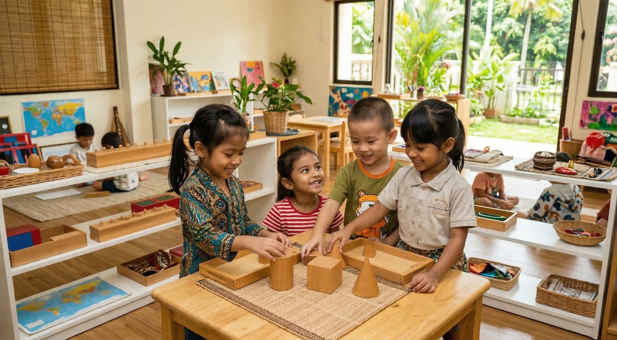 Montessori_Preschool_Benefits Children collaborating on a learning activity in a Montessori classroom, showcasing the long-term montessori preschool benefits for early childhood development.