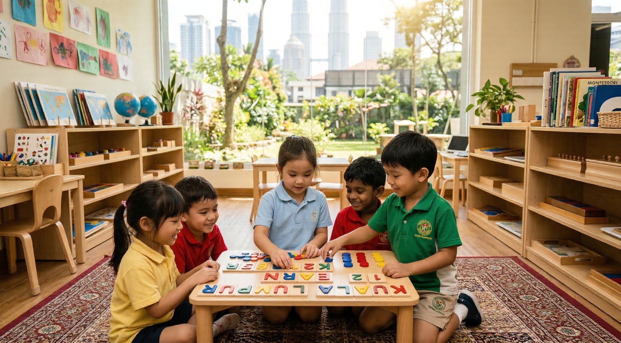 Montessori_Preschool_Kuala_Lumpur Multicultural students learning together in a modern urban classroom environment at a montessori preschool Kuala Lumpur.