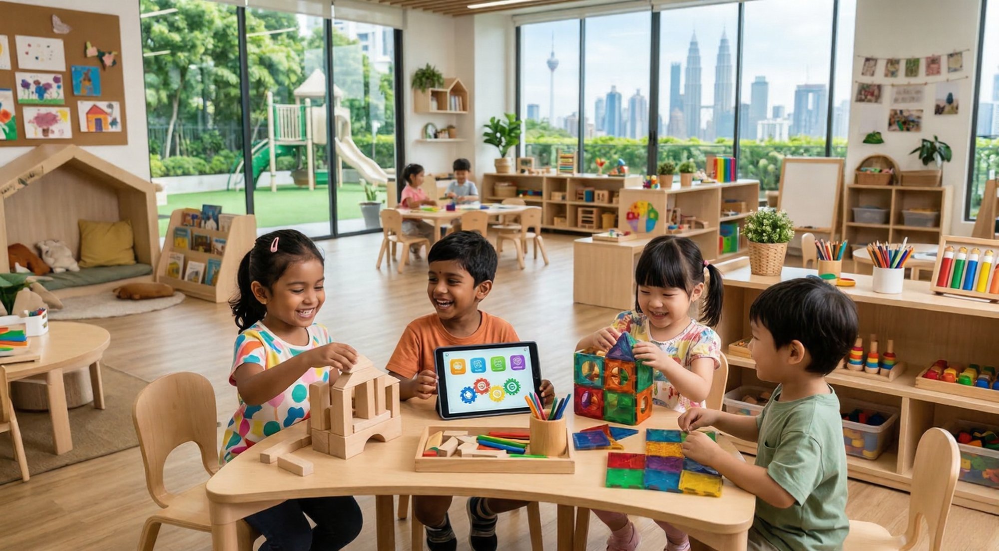 Top_Kindergarten_in_KL Young students learning and playing in a well-equipped urban classroom at a top kindergarten in kl with city skyline views.