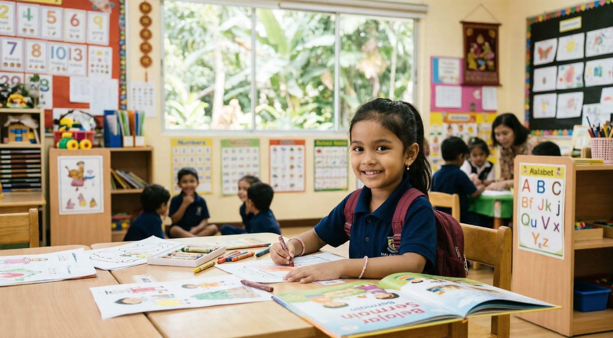 What_Age_Kindergarten_Malaysia_ A happy preschooler in a well-equipped classroom environment, illustrating the readiness factors for what age kindergarten malaysia is suitable for children.