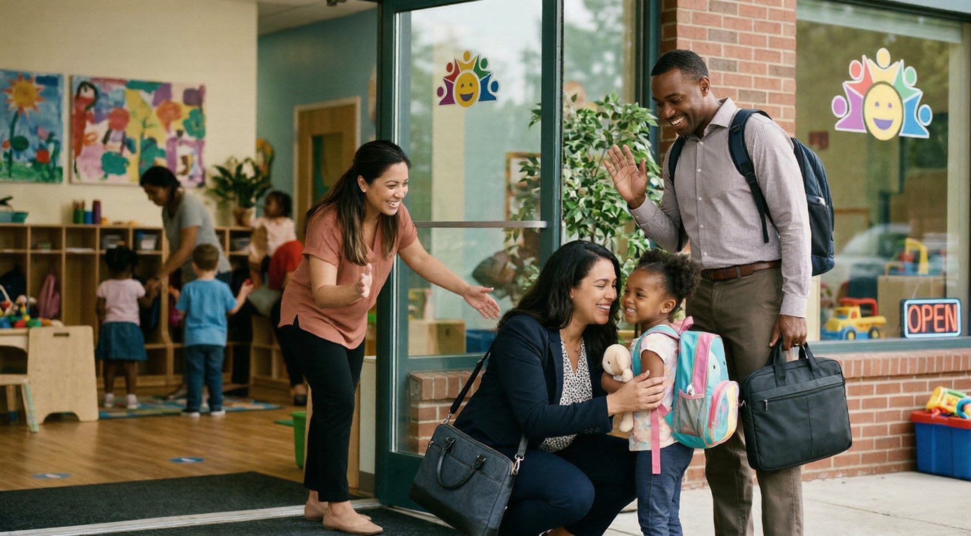 Working_Parents_Childcare Smiling parents and child at a daycare center entrance, showcasing the convenience of working parents childcare services.