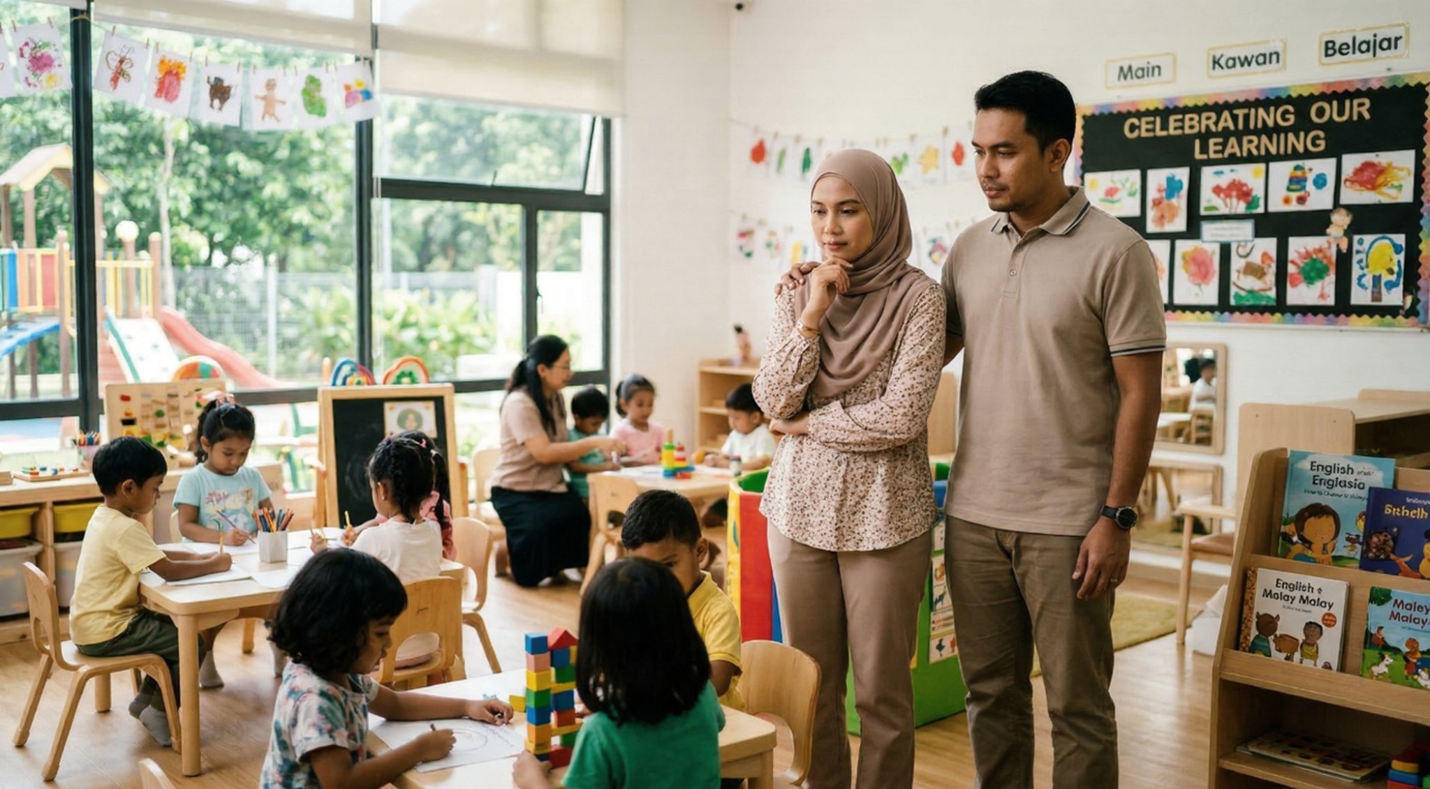 how_to_choose_preschool_ Thoughtful parents standing in a bright classroom, representing the important steps in how to choose preschool in Malaysia.