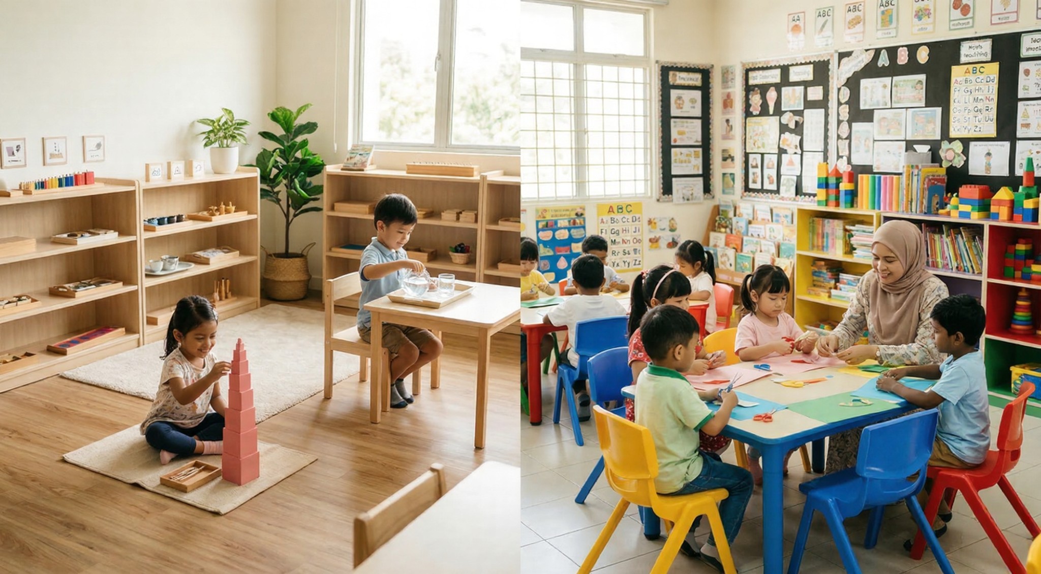 montessori_traditional_under_600kb Two different classroom layouts in Malaysia demonstrating the key differences in montessori vs traditional preschool teaching styles.