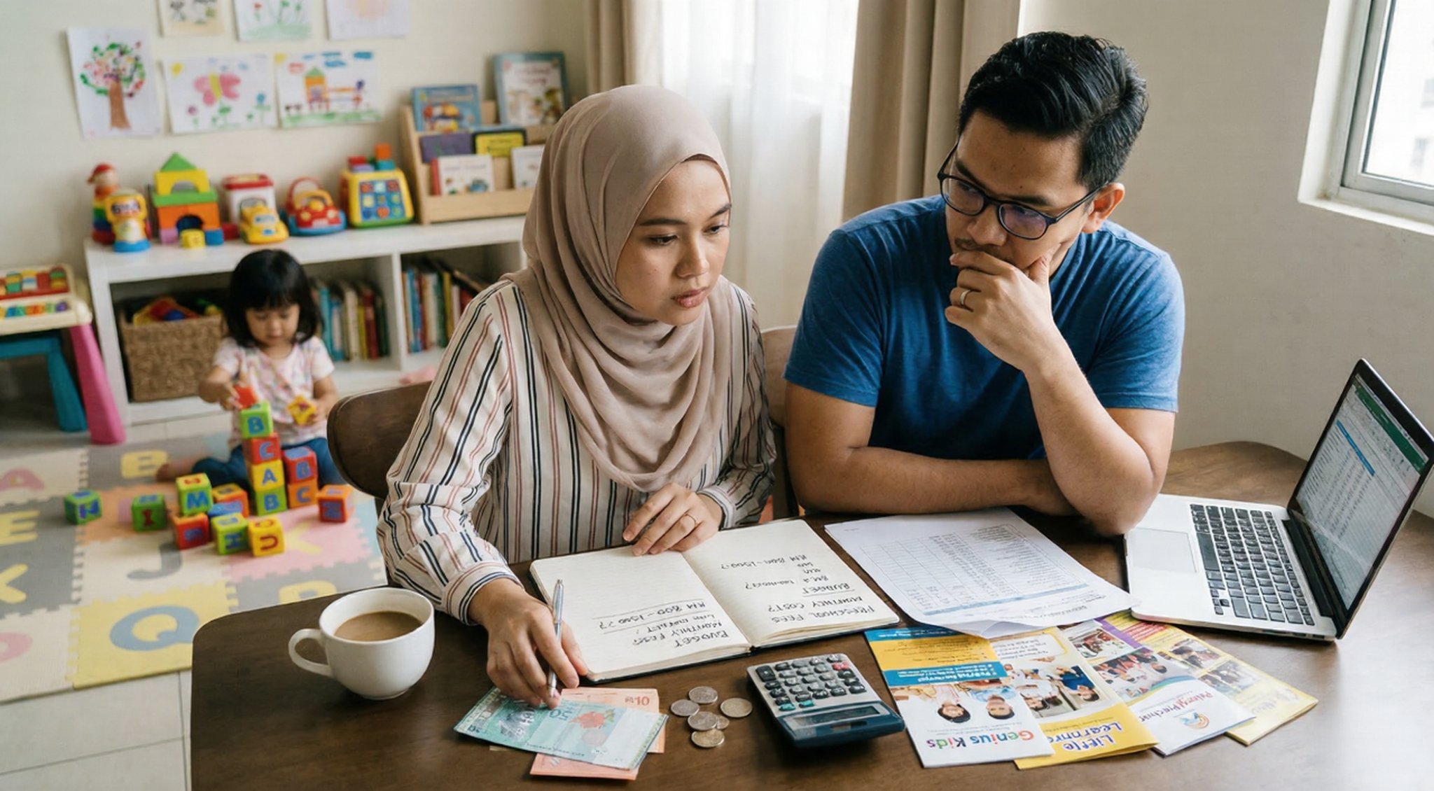 preschool_fees_malaysia_ Parents budgeting for preschool fees Malaysia at home with their toddler.